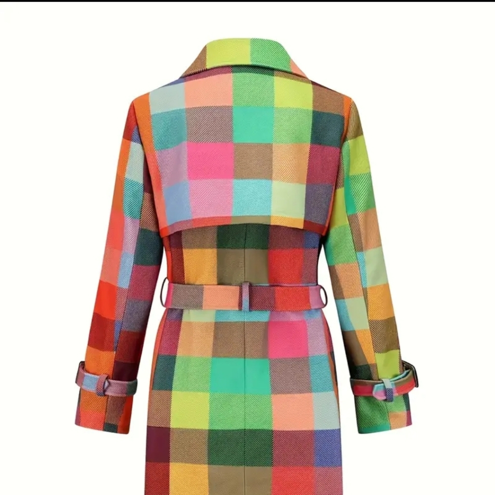 Rainbow Plaid Double Button Ladies Rain Coat. - Picture 9 of 10